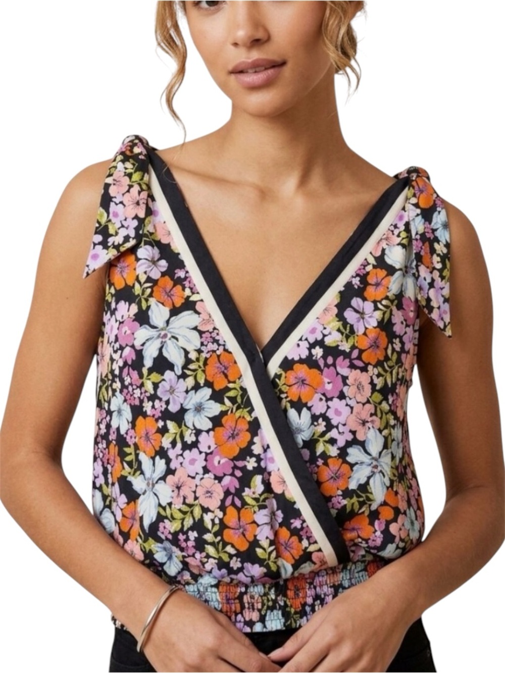 Joie NWOT Black Multi Floral‎ Tie Shoulder V Neck Casual Wrap Top Tank  XS